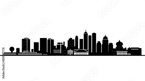 Stylized black-and-white architectural silhouette of a city skyline, made from basic geometric forms such as triangles, circles, and rectangles, with a flat and high-contrast visual style, featuring b