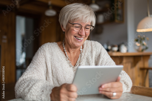 A cheerful senior woman smiles while having an online video consultation with her doctor, showing a warm and reassuring telehealth moment.