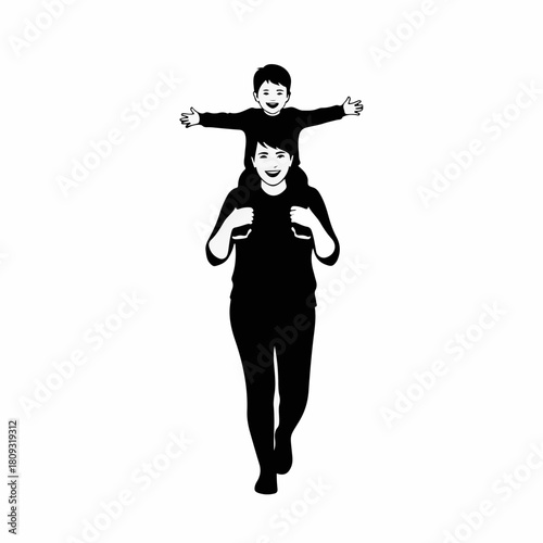 Silhouette of mom carrying son on her shoulders, isolated on white background. Silhouette image depicts loving parent carrying child. Use silhouette for family centered advertising campaign.