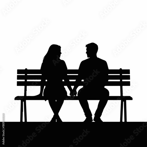 Silhouette of couple sitting on bench holding hands, depicting connection and romance. Silhouette shows man and woman enjoying moment together, creating intimate scene.