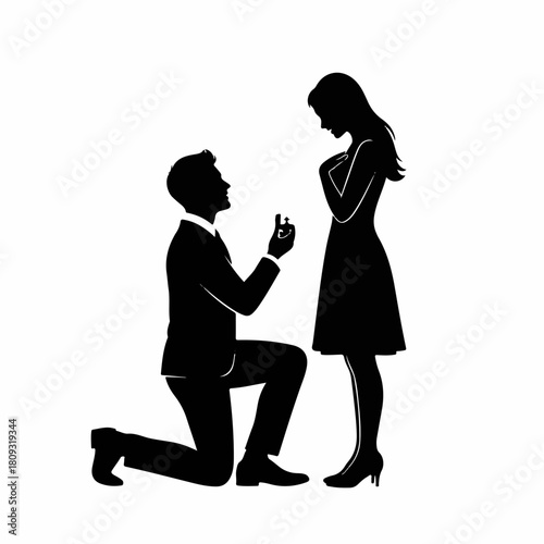 Silhouette of proposal scene featuring man kneeling with ring proposing to woman. Romantic silhouette showcases classic engagement gesture with elegance.