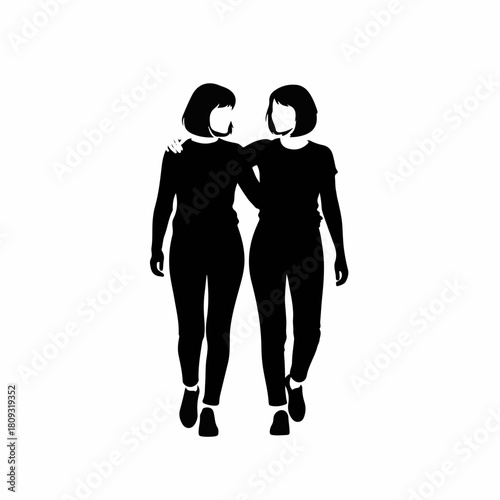 Silhouette of two women walking together, showcasing a strong bond and connection between friends. Silhouette depicts companionship and shared experiences in simple, graphic form.