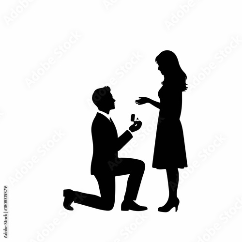 Silhouette of proposal scene with man on knee and woman accepting ring. Silhouette showing romantic engagement with wedding ring and kneeling man asking marriage. Silhouette for wedding invitations.