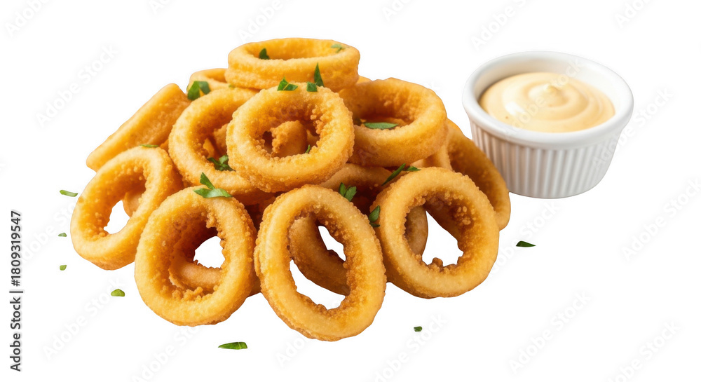 Fototapeta premium Delicious Fried Calamari Rings with Dip PNG A Crispy Appetizer Delight