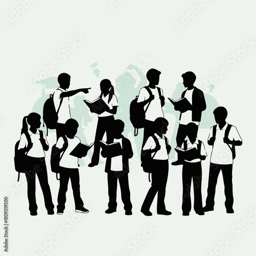 Black silhouette of students standing on light background, group of school children with backpack and books. Silhouette concept for students showing various gestures,