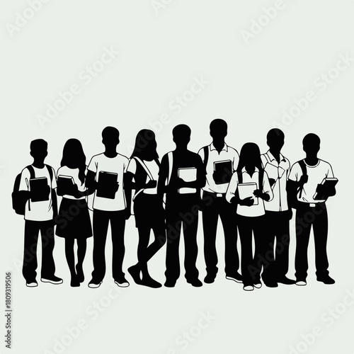 Silhouette of students standing together holding books and bags, silhouette represents camaraderie and learning. Group silhouette on neutral background shows united students ready for education,