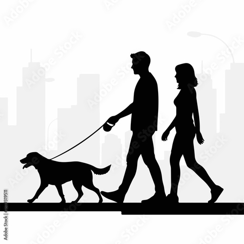 Silhouettes of couple walking dog in urban park. Silhouette is featured against urban skyline background. This silhouette of couple and dog is perfect illustration for ad campaigns.