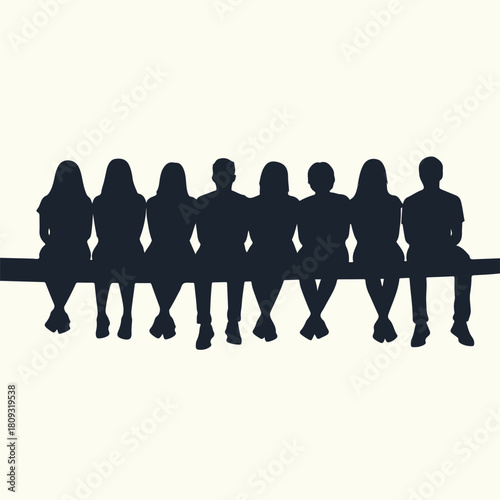Silhouette of diverse group sitting together, representing unity and community. Silhouette image shows different people, men and women sitting on ledge with white background.