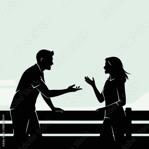 Silhouette man and woman standing near fence facing each other in a conversation. Silhouette couple sharing in expressive discussion.