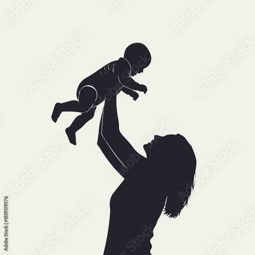 Silhouette of baby in air held by mother, tender scene. Silhouette reveals child's innocence and parent's affection. Consider this silhouette for designs focused on familial bonds.