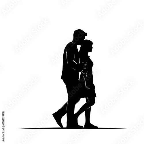 Silhouette of walking couple in dark tones, man embracing woman. Walking couple captured in dark silhouette art, depicting intimate moment and togetherness.