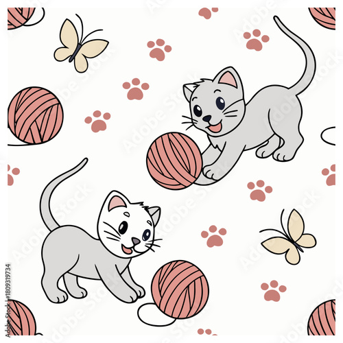 Playful Light Gray Kittens with Yarn Balls and Butterflies – Seamless Pattern