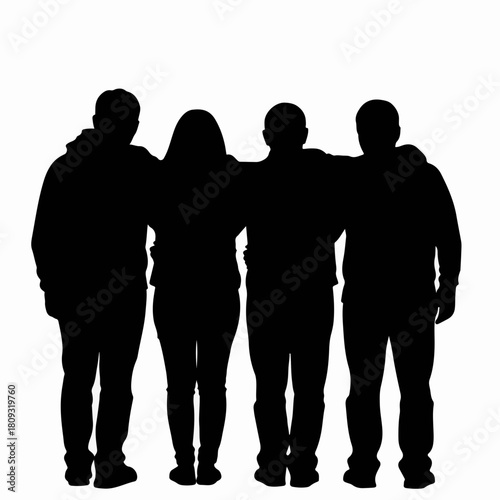 Silhouette of four friends standing together in studio against white background. Friends support each other shoulder to shoulder, forming silhouette, unified by camaraderie and shared experiences.