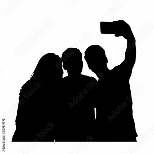 Silhouette of friends taking photo with mobile phone. Silhouette represents camaraderie and memories, group of friends enjoys mobile photography. Captured silhouette serves as reminder of friendship,