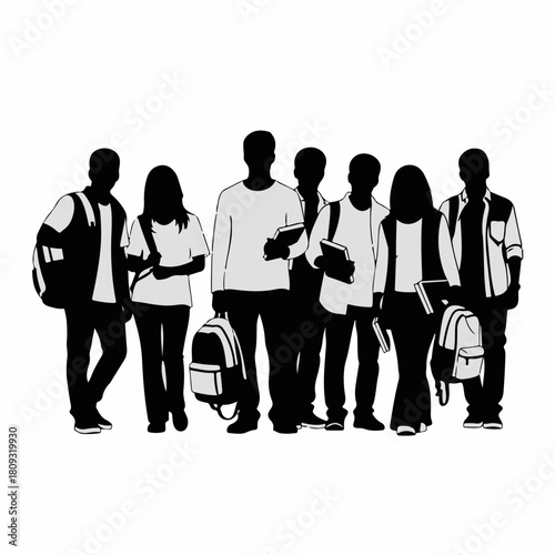 Silhouette of students standing together in black and white. Silhouette showing various students in group, with backpacks and books representing learning and education.