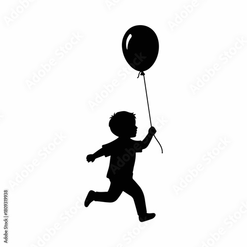 Silhouette of a boy with balloon isolated on white background. This silhouette shows a child running and having fun with his balloon. Concept silhouette image for print, children's books,