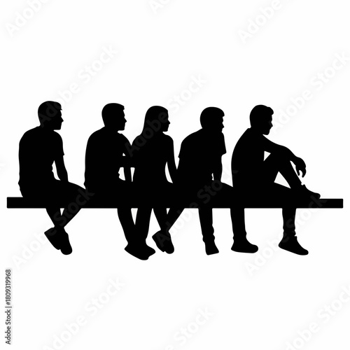 Silhouette of group sitting, captured in a clean, minimalist style, featuring five figures sitting side by side. Silhouette displays unity, friendship,