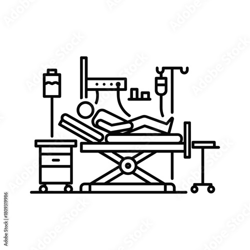 Patient in intensive care unit isolated on, receiving treatment and monitoring for recovery