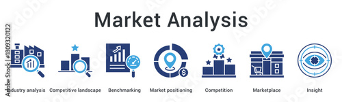 Market analysis banner web icon examines industry and competitive landscape through benchmarking for positioning insights.