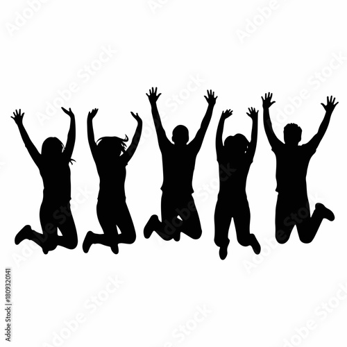 Silhouette of jumping people with arms raised in the air against white background. This silhouette captures joyful celebration and collective energy.