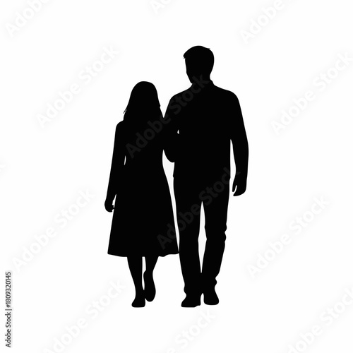 Silhouette of couple strolling together on white backdrop. This silhouette represents man and woman, walking with affection, creating classic silhouette. Image can be used for romance illustration,