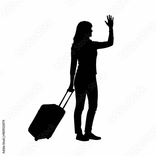 Silhouette of woman with suitcase waving farewell, standing in side view, isolated on white background. Silhouette depicts traveler with luggage, greeting someone with raised hand.