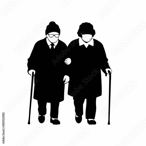 Silhouette illustration of senior couple walking with canes on white background. Silhouette portrait shows elderly man and woman strolling arm in arm, symbolizing companionship and shared journey.