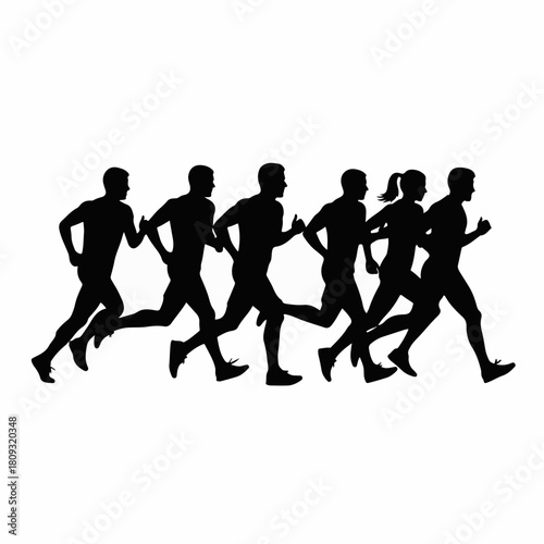 Silhouette of runners in motion, showing a group of athletes during a race. Silhouette illustrates stamina and dedication in marathon. Conceptual silhouette for sports school poster.