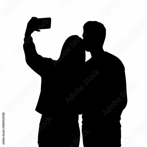 Silhouette of couple taking selfie with phone, capturing moment in darkness. Silhouette stands out starkly, presenting pair's bond through darkness and light, reflecting affection.