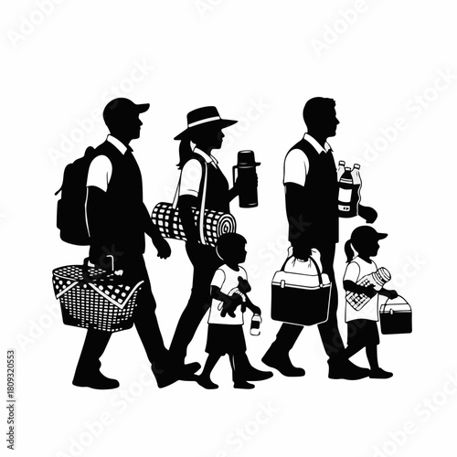 Silhouette of family on picnic, father carrying backpack, mother in hat with thermos, and children, perfect for representing family outings.