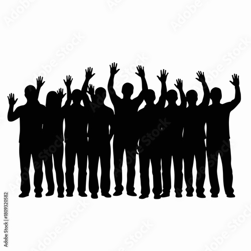 Silhouette of crowd with raised hands against white backdrop. Crowd silhouette highlights diverse group of people cheering with excitement.