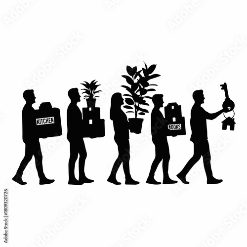 Silhouette of people moving house with boxes and plants. This silhouette illustrates different people carrying items in silhouette. Conceptual silhouette for moving services and home relocation.