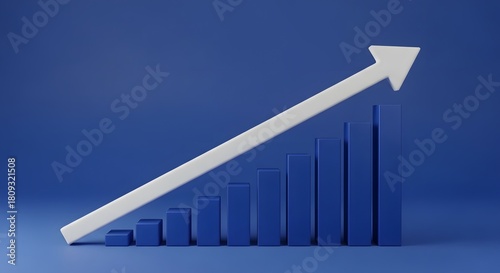 Blue 3d bar sales chart with white up arrow representing business growth and financial success on a blue background