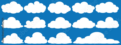 set of vector illustrations of clumpy clouds, cloud bubbles in flat style on a blue background