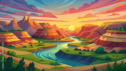 Very beautiful sunset scene showing layered badlands glowing in warm evening light, the Little Missouri River winding through a lush green valley, soft colorful mountains in the distance, and a peacef