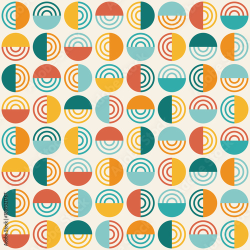 Mid century modern half circle texture. Abstract semicircle retro background. Vintage geometric round motif. Playful geometry grid seamless design