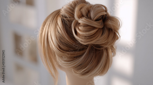 Close up shot of a blonde hairstyle with an intricate updo and soft blurred background