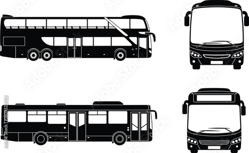 Black silhouette vector illustration set of public transportation buses including city transit and luxury coach models in front and side views for travel service design.