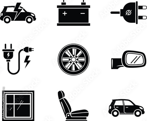 Collection of auto service icons including electric car battery charging plug wheel tire mirror seat and window silhouettes for automotive repair shops vector set.