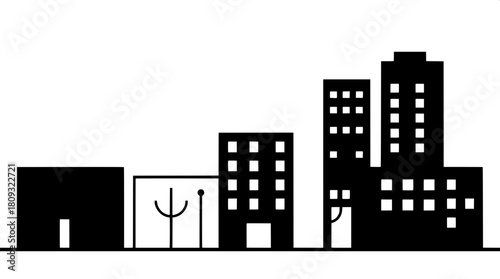 Simple monochrome illustration of a small urban building block, arranged as bold black geometric shapes on a clean white background, featuring a minimalistic infographic aesthetic with crisp lines, ba