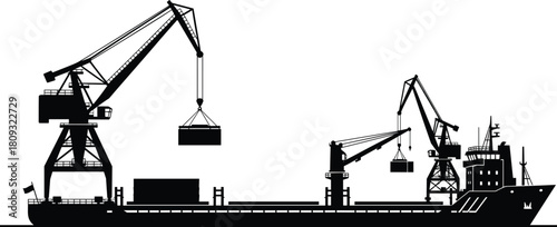 Large cargo ship silhouette with loading cranes, container handling operations, industrial port shipping illustration, maritime freight transport vector design, global logistics artwork