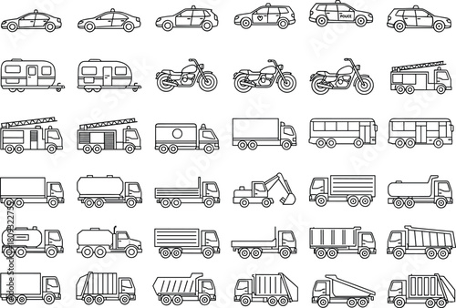 Large collection of vehicle outline icons featuring police car, fire truck, bus, motorcycle, and heavy delivery trucks for transportation design isolated on white background.