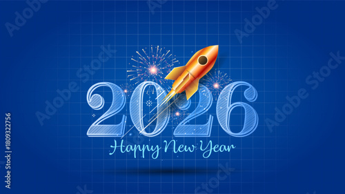 Vector illustration of Happy New Year 2026 start with a success graph, fireworks background, and a rocket launch for new goals.