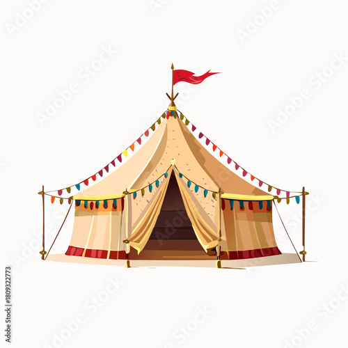 Festive circus tent with colorful flags and lights