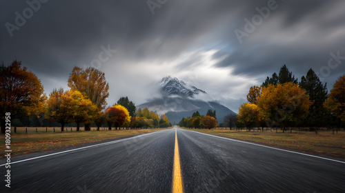 Scenic Drive Through a Valley with Stormy Clouds and a Majestic Mountain