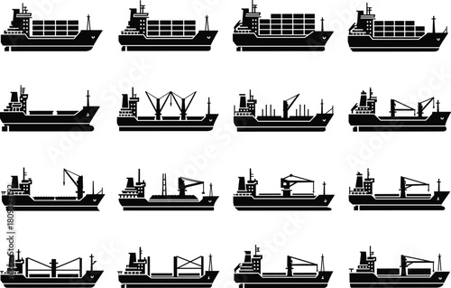 Set of sixteen cargo ship silhouettes including container vessels and bulk carriers with cranes in black style for maritime logistics and freight transportation design.