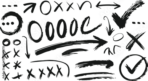 Hand Drawn Brush Stroke Ovals, Arrows, Circles, Crosses and Scribble Elements Vector Set. Grunge Marker Doodle Shapes for Design, Highlighting, UI, Notes, and Presentation Graphics