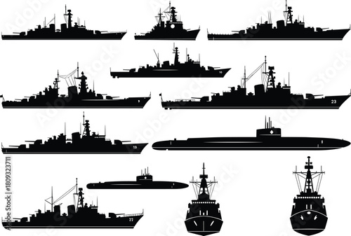 Vector collection of military navy ship silhouettes including warships destroyers submarines and frigates in side and front view for defense design isolated on white background.