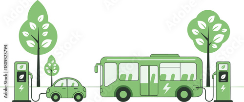 Vector illustration of green electric car and city bus charging at station with trees for eco friendly public transport concept isolated on white background.