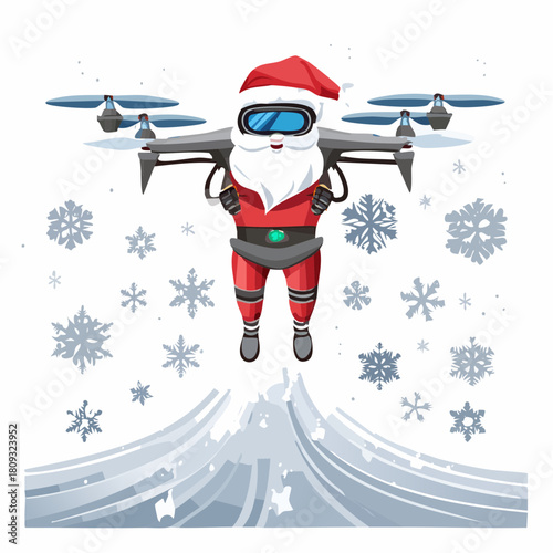 Futuristic Santa flies drone delivering holiday joy with snowflakes